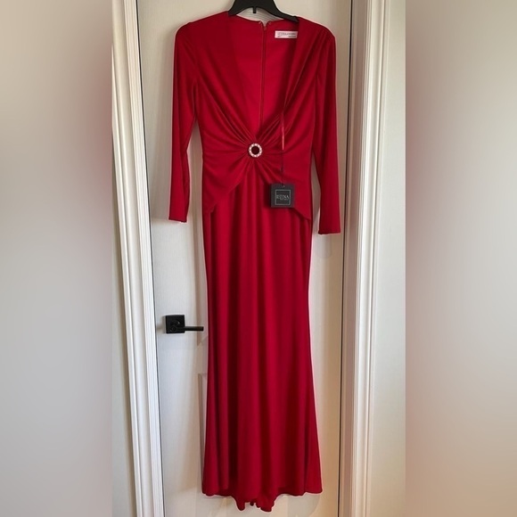 Nwt Ieena by Mac Duggal Gathered Pearl Long Sleeve  Keyhole Gown Dress in Red - Picture 4 of 12